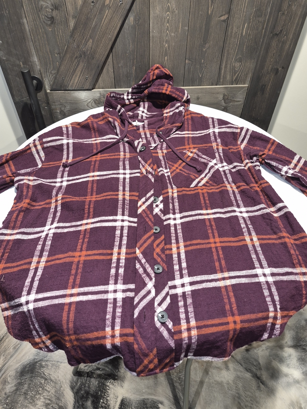 Maurices Matoon Plaid Hooded Button-Up with Orange Accents